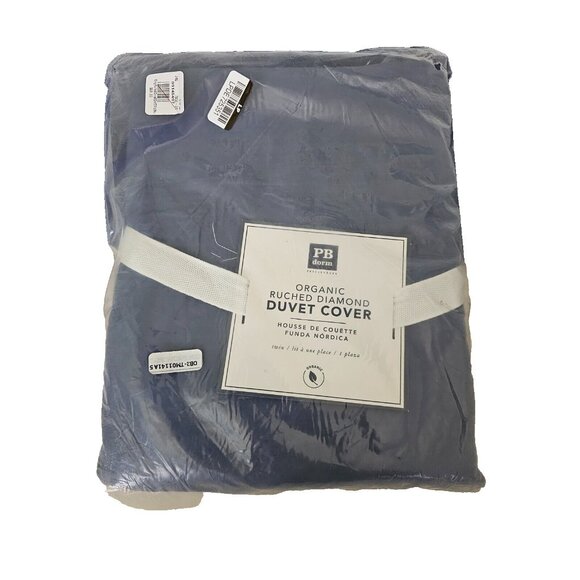 NWT Pottery Barn Dorm Organic Ruched Diamond Duvet Covet Blue Twin Reg. $69 - Picture 5 of 5